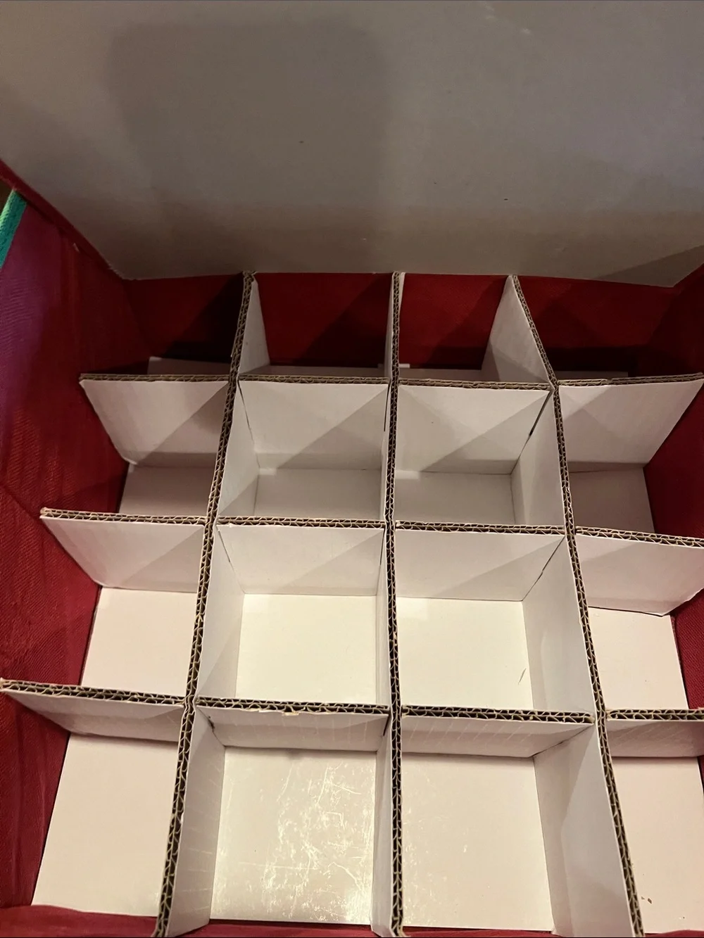 Red Holiday Ornament Storage Box with Green Trim Missing Side Handle